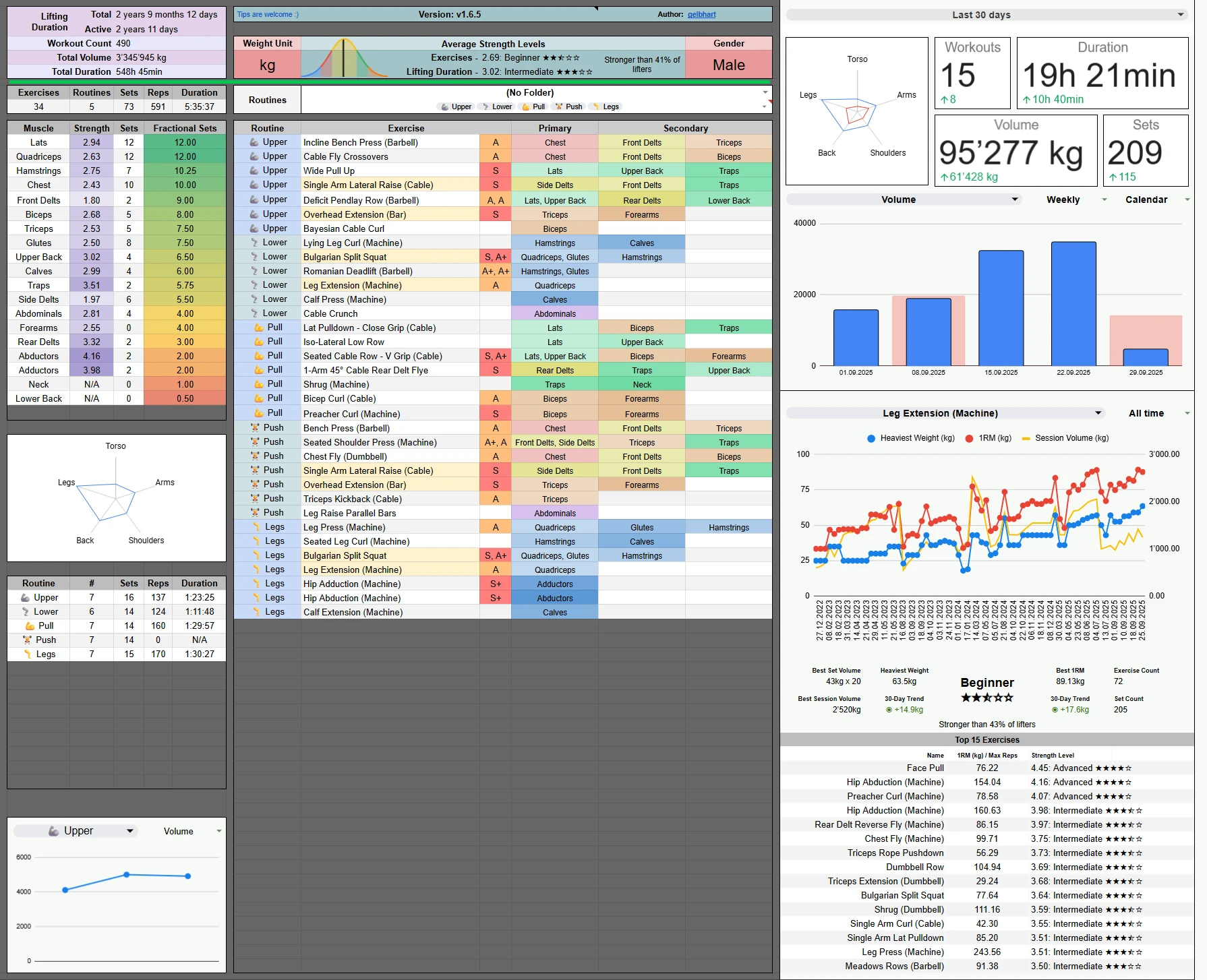 Hevy Tracker main spreadsheet interface showing workout data organized in Google Sheets
