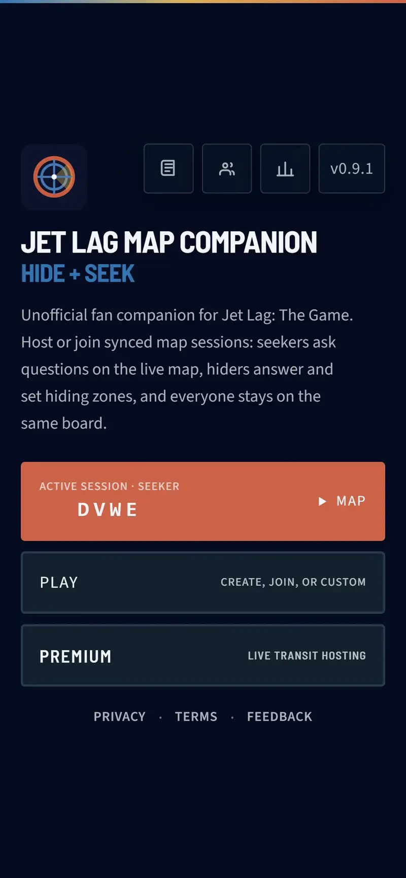 Jet Lag Map Companion home screen with Create, Join, and active session shortcut