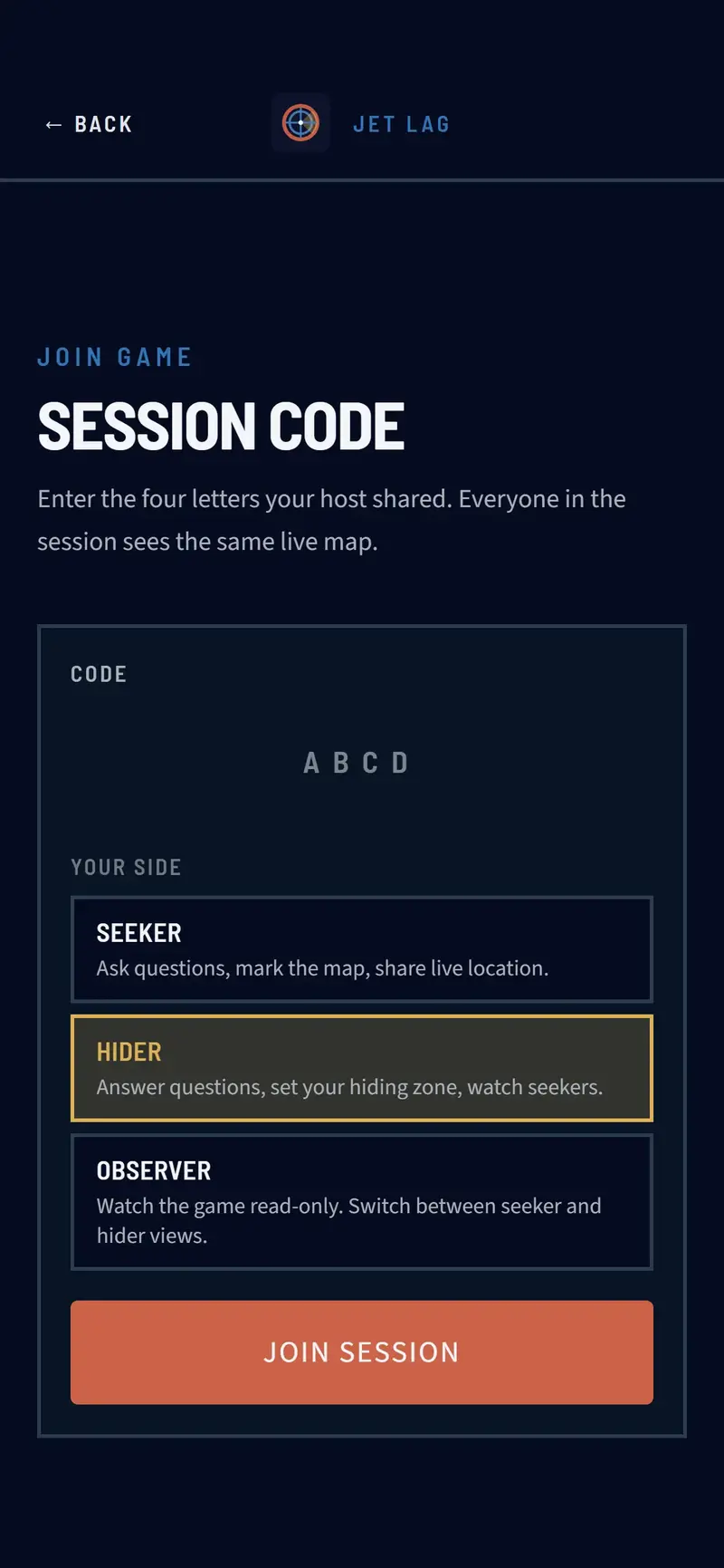Join game screen with session code entry and seeker, hider, observer roles