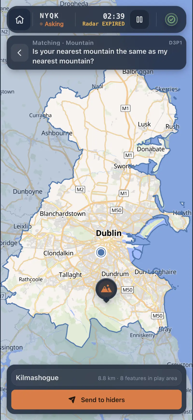 Matching question on the map ready to send to hiders