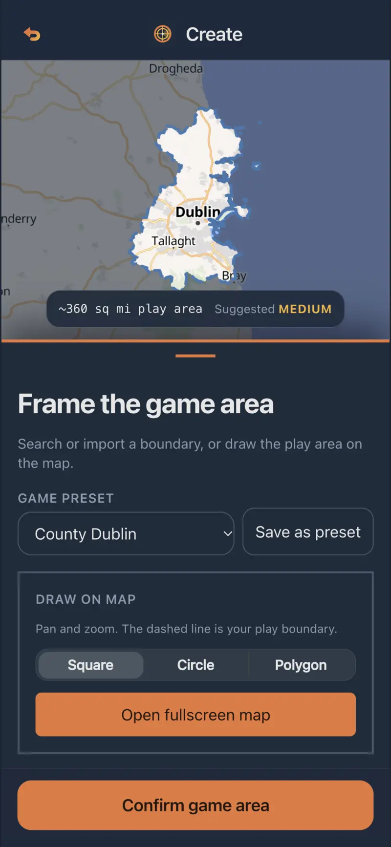Host framing the play area on the map before sharing a session code