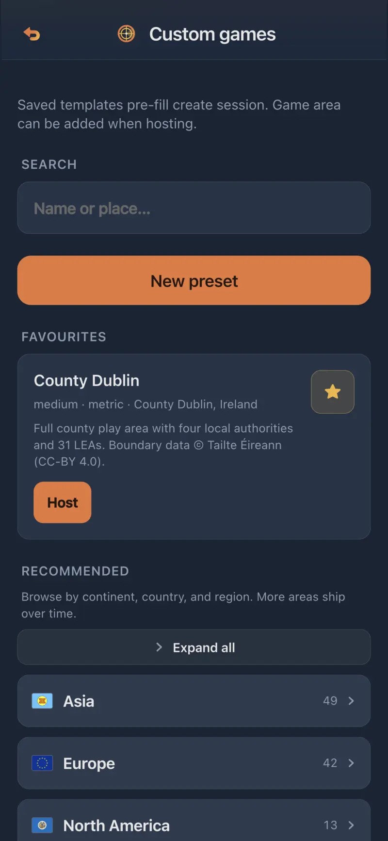 Custom game presets list for quick session setup