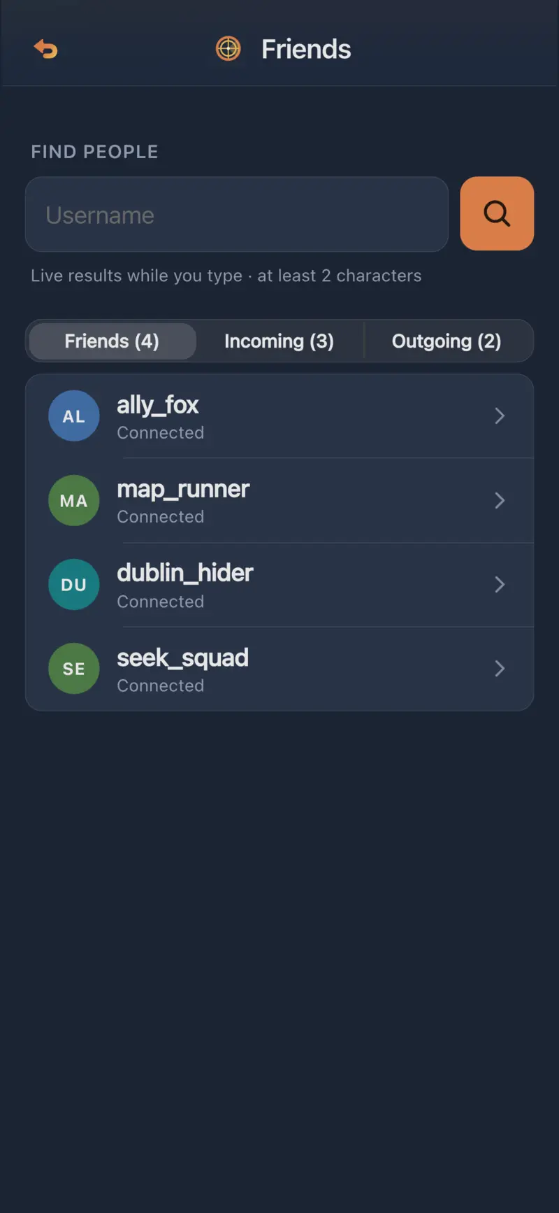 Friends list with online status and pending requests