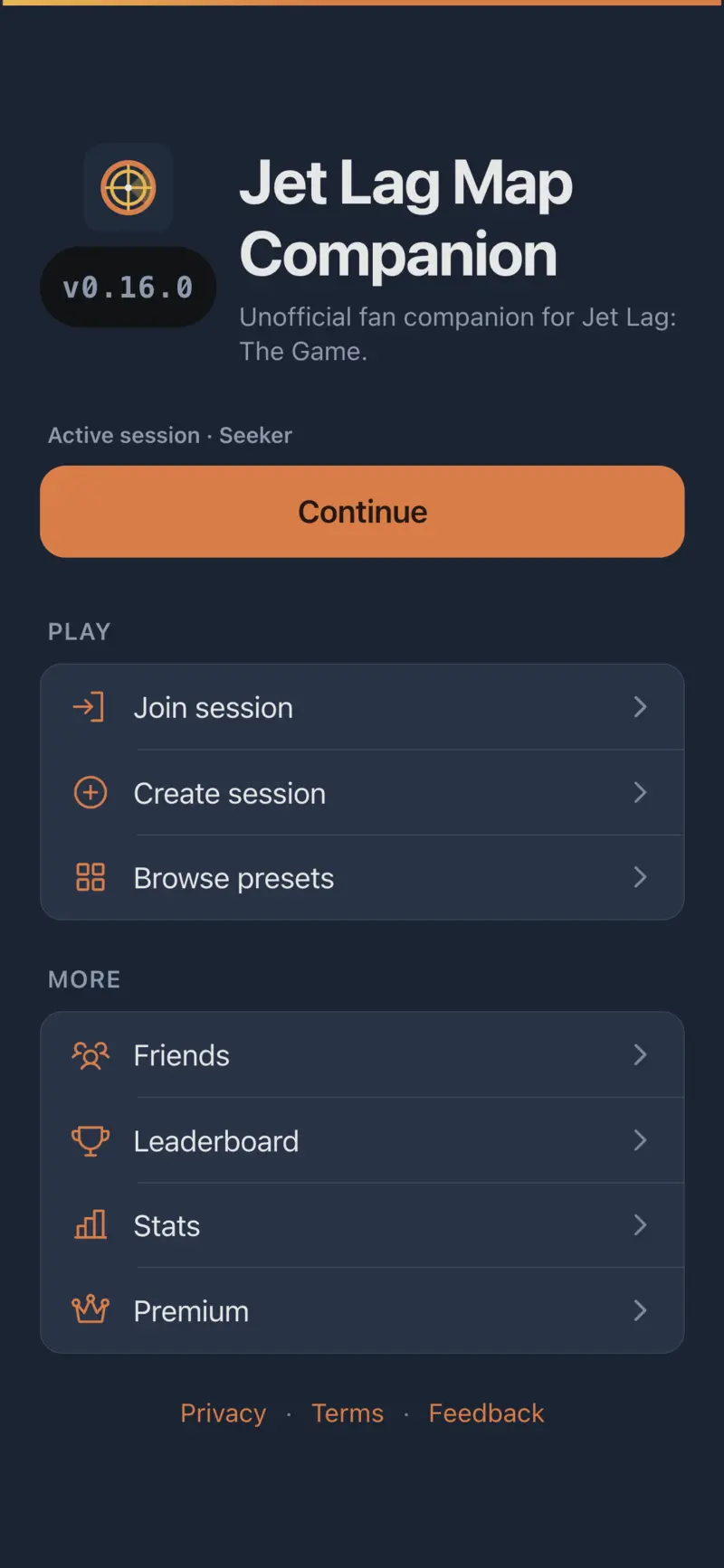 Home screen with an active seeker session