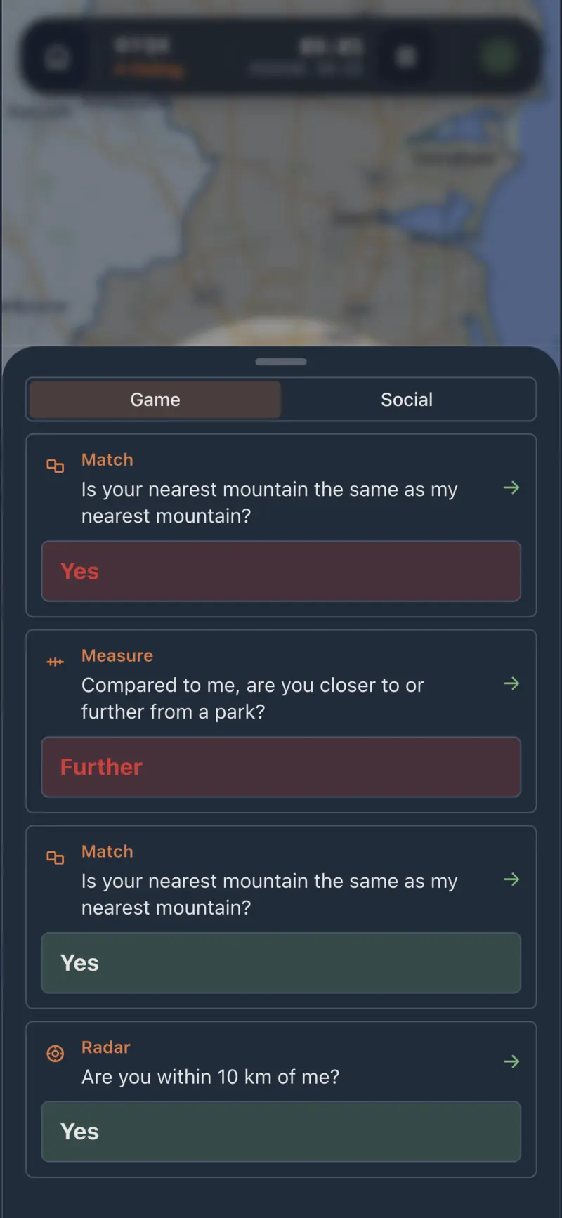 Live game feed showing Matching, Measuring, and Radar answers