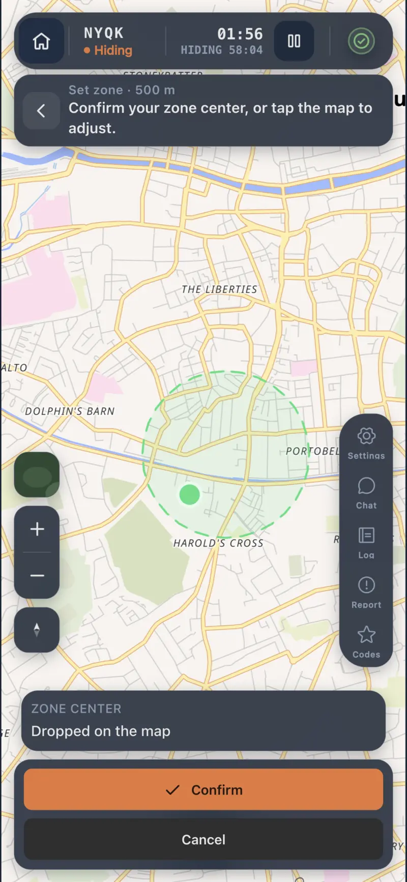 Hider confirming a 500 m hiding zone on the map