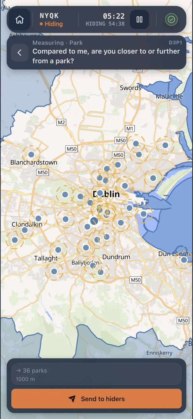 Measuring question preview with a park target on the map