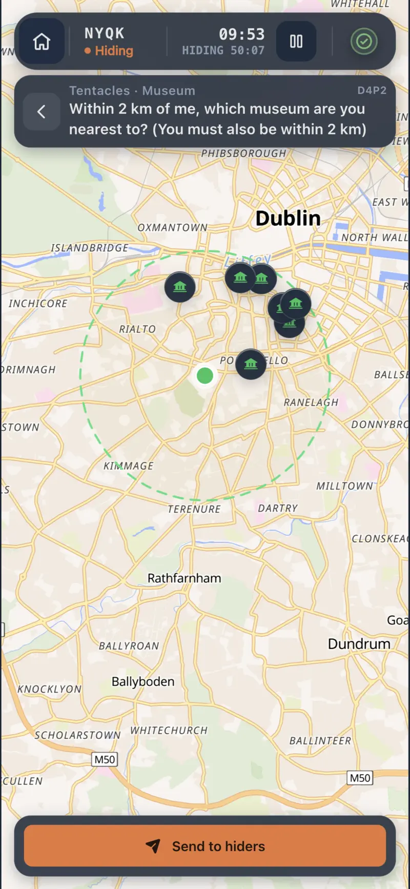 Tentacles museum question with pins on the map ready to send